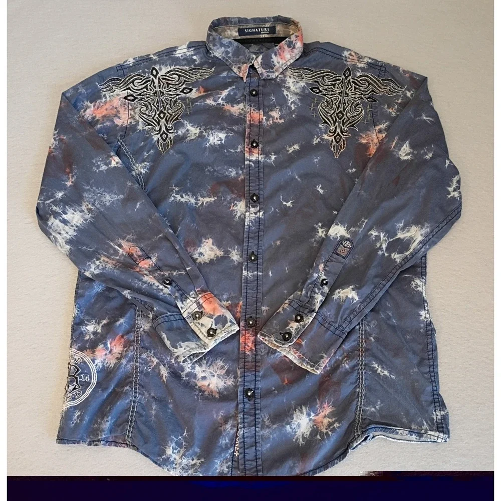 Roar Signature Edition Shirt Mens Medium Blue Tie Dye Tribal Embroidered Western